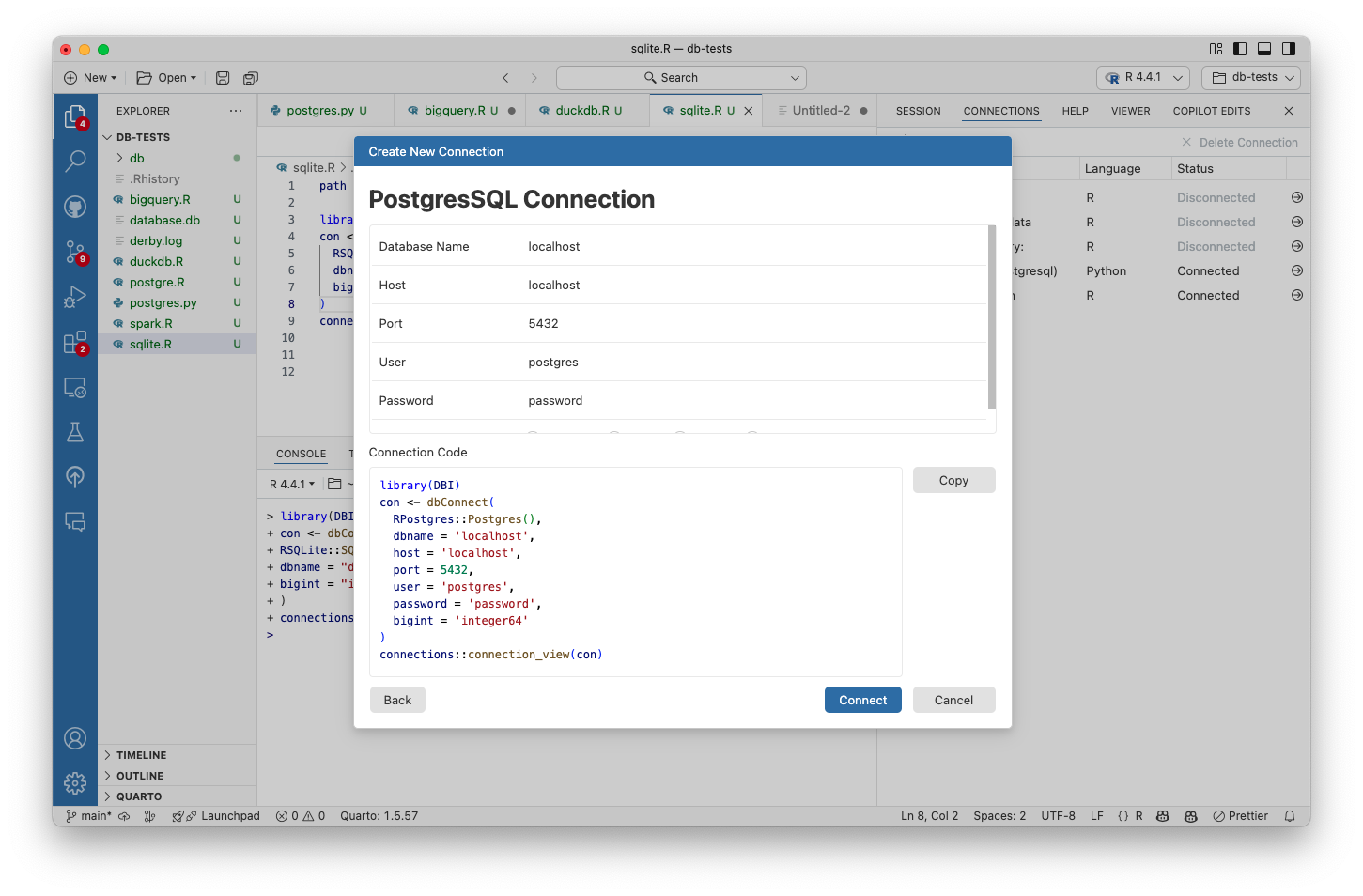PostgreSQL Connection dialog with fields for Database Name, Host, Port, User, Password, and a preview of the generated connection code.