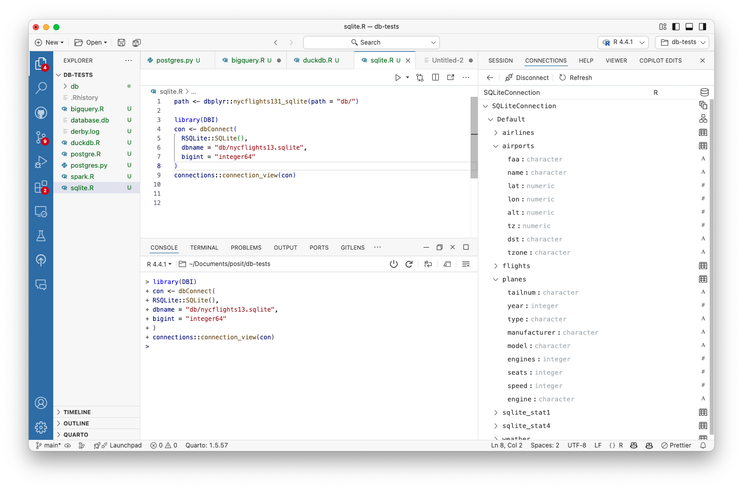 Connections pane schema explorer displaying database tables with expandable columns showing data types like VARCHAR, INTEGER, and DOUBLE.