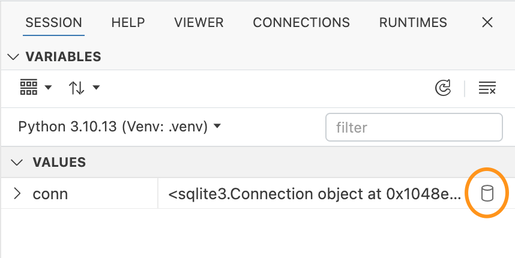 Variables pane showing a conn variable with sqlite3.Connection type and a database icon button highlighted with an orange circle.