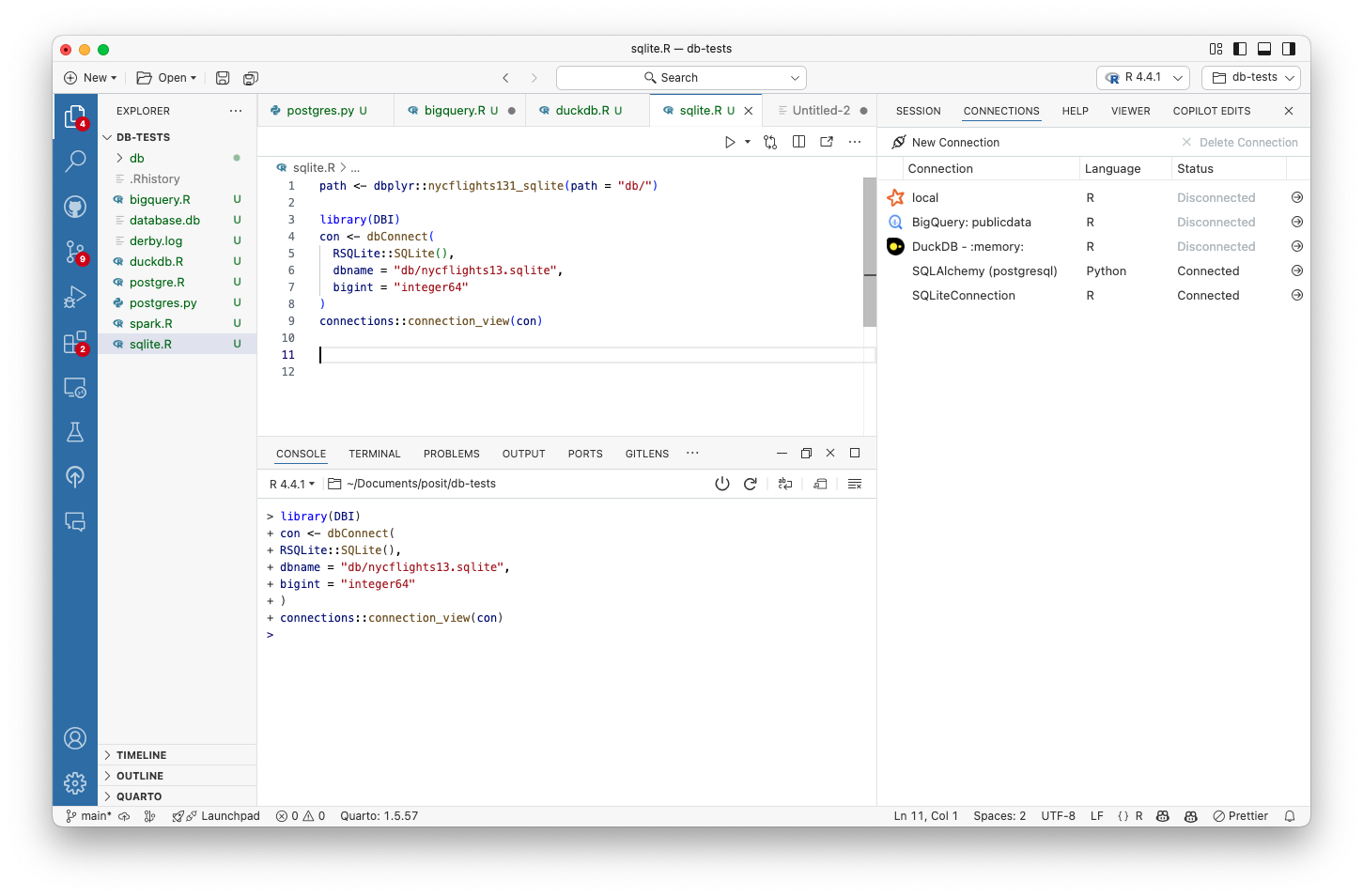 Connections pane in Positron showing a database connection with expandable schema tree view and Editor with Python database connection code.